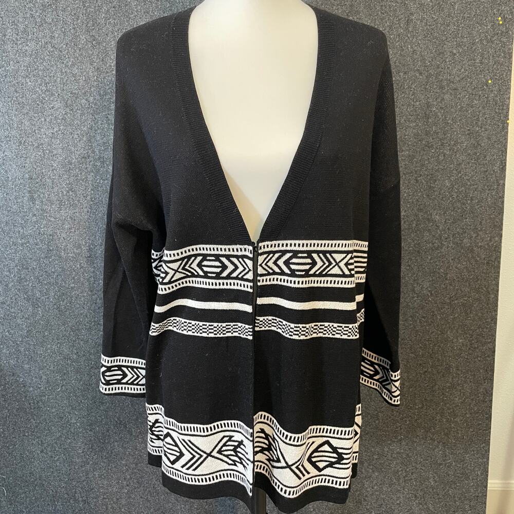Pendleton Cardigan Black White Petite L Cotton Open Front Boho Southwest Cozy